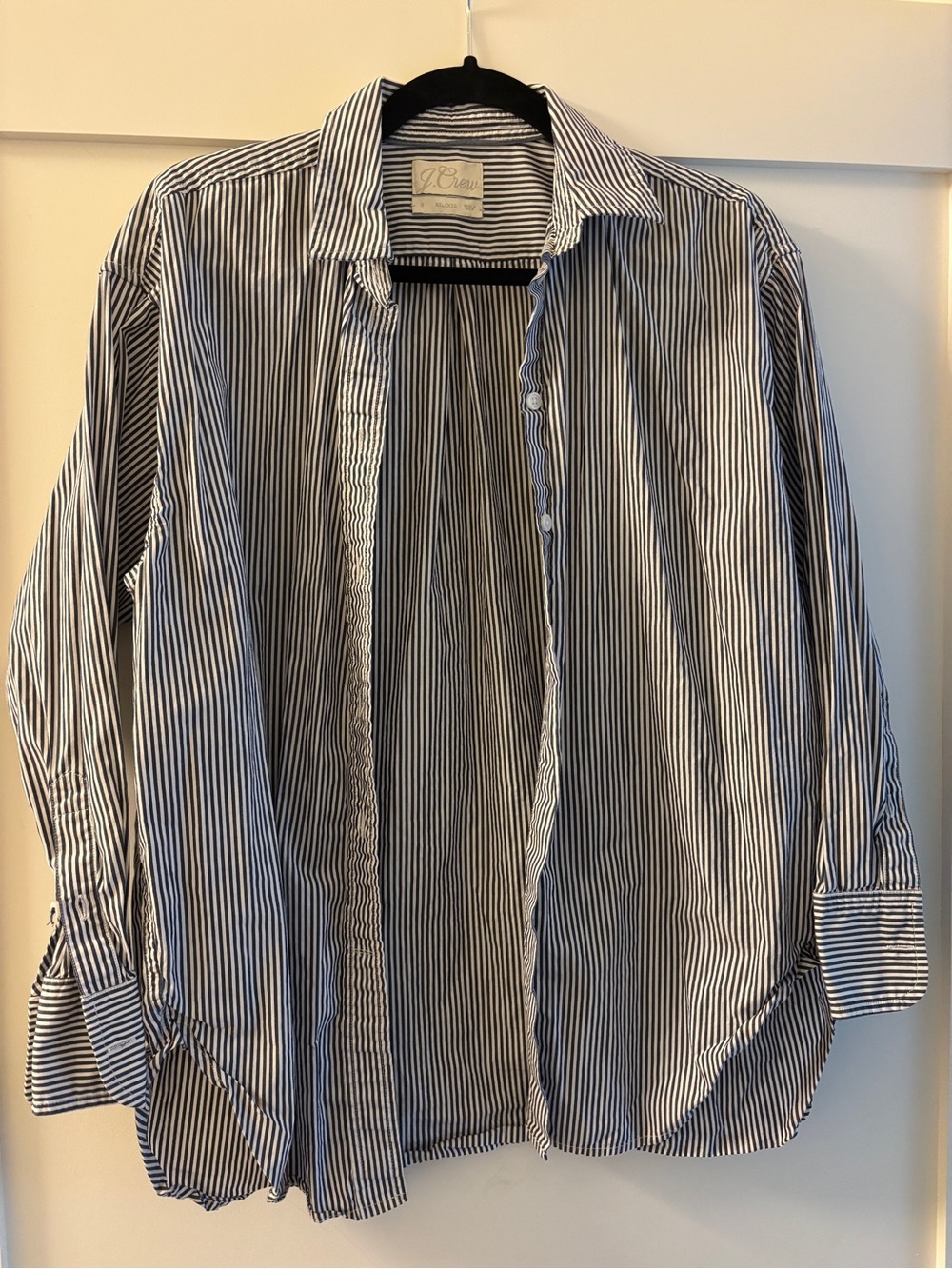 J. Crew Navy and White Striped Long-Sleeve Button-Down Shirt | Women's Relaxed